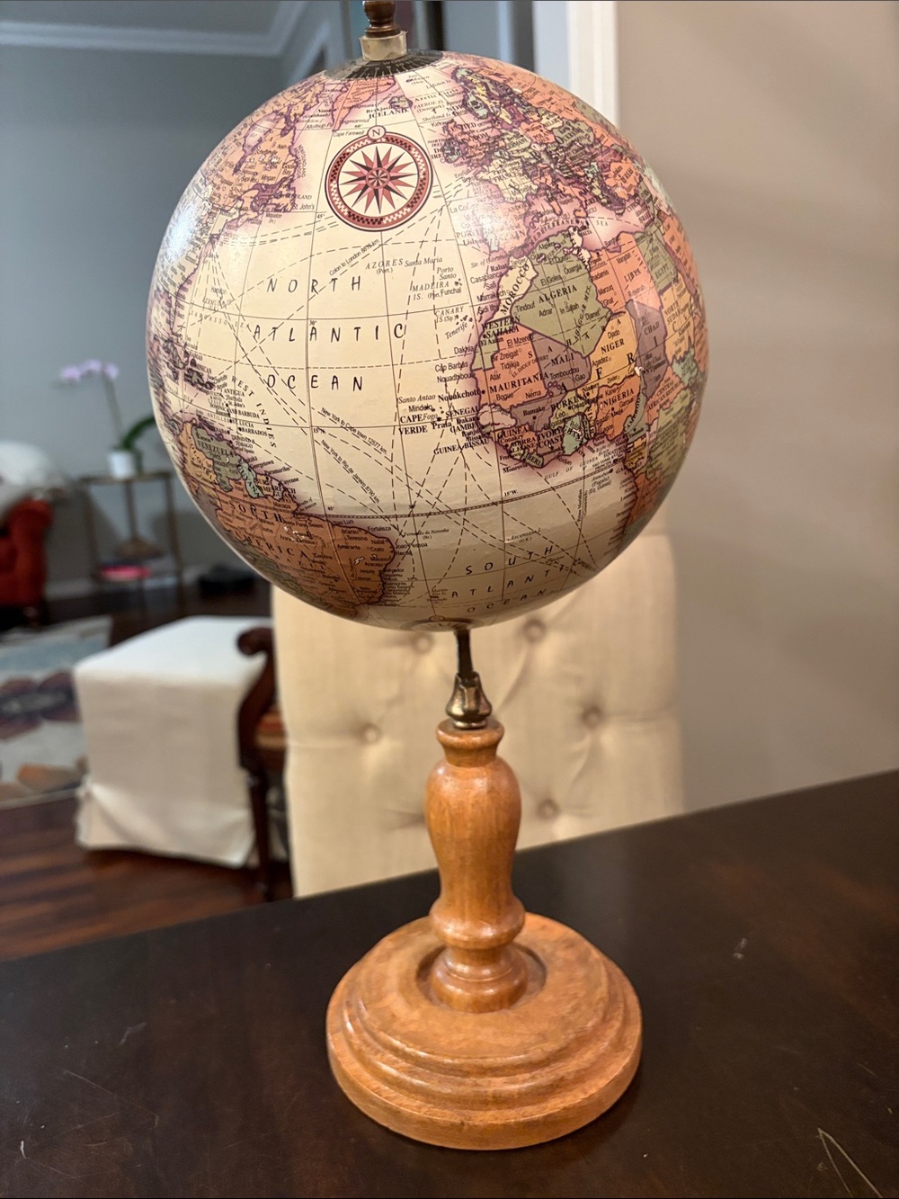 Vintage-Style Beige and Tan Tabletop Globe on Wooden Stand - Picture 2 of 6